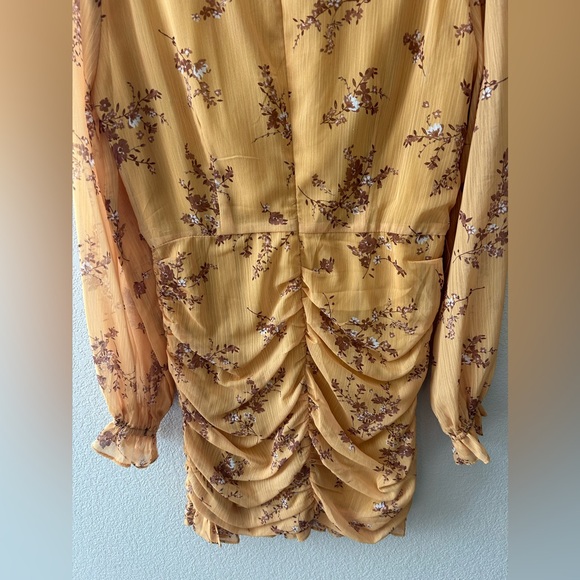 Vici Collection Floral Ruched Long Sleeve Minidress In Mustard Size Medium - Picture 9 of 10